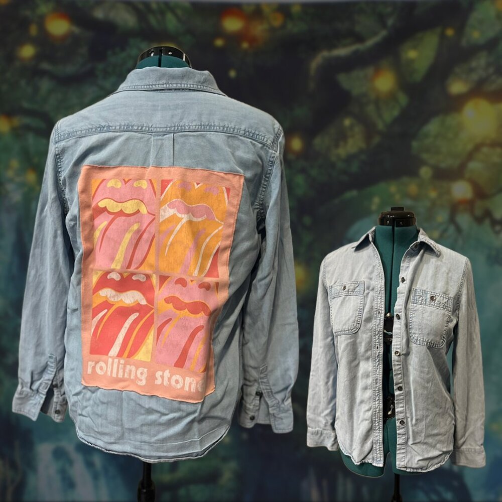 Rolling Stones Upcycled Chambray Overshirt | Chaps | Beachy Pink & Orange sz M